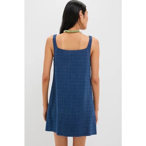 NWT Pomander Place Textured Windowpane Denim Cassie Mini Cotton Dress Blue XXS - Picture 2 of 9
